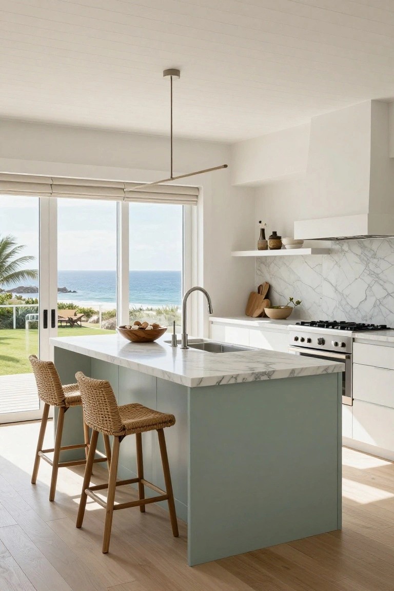 Kitchen interior featuring a white marble-topped island with teal lower cabinets and rattan bar stools, white upper cabinets, marble backsplash, gas cooktop, and sliding glass doors opening to ocean views.