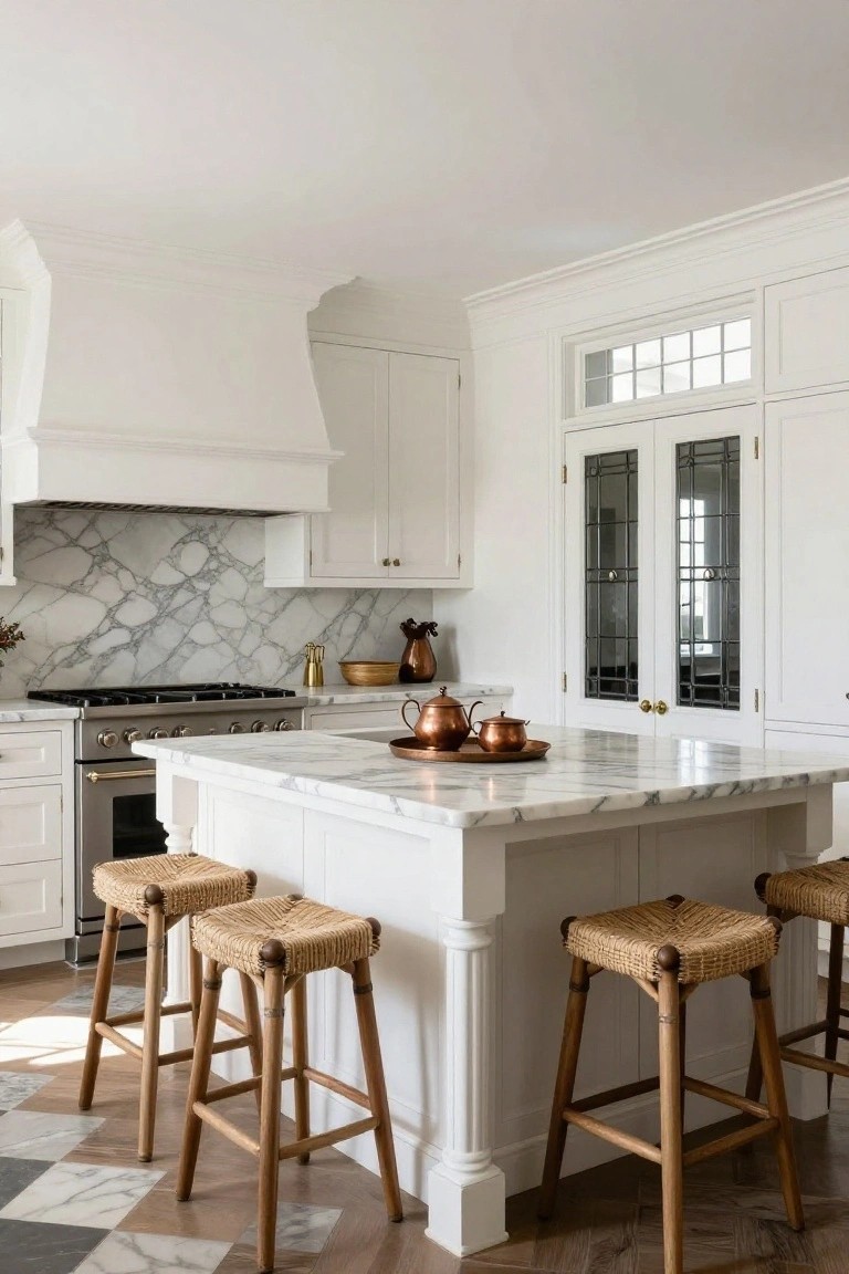White cabinet kitchen featuring veined marble backsplash and island countertop, rattan bar stools, copper pots on the island, gas range, and leaded glass cabinet doors.