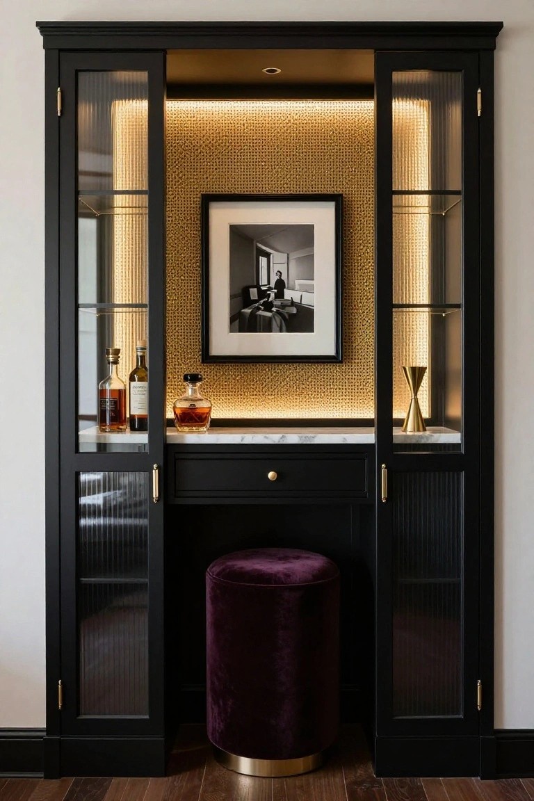 Tall black wooden cabinet with open reeded glass doors revealing whiskey bottles and decanter on white marble shelf, gold LED backlighting on textured gold wall, black and white framed photo, gold vase, and purple velvet stool with gold base in front.