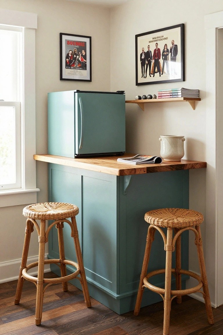 Compact indoor bar area with teal mini-fridge integrated into teal cabinetry under a wooden countertop, two rattan barstools, music posters on walls, a shelf with books and decor, and a window in a room with hardwood floors.