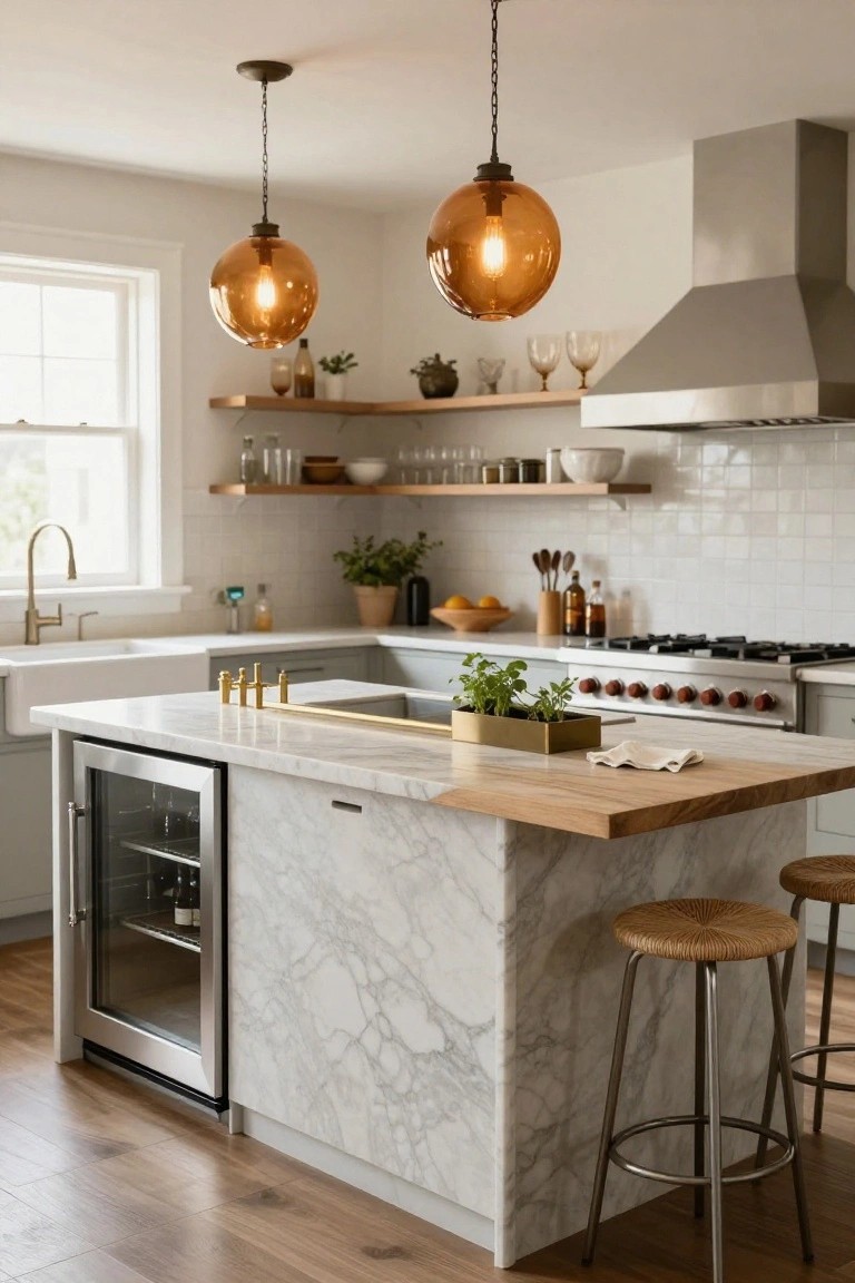 Modern kitchen island with white marble surfaces, built-in silver wine cooler, wood-topped bar extension, rattan stools, brass hardware, and surrounding white cabinetry with wood shelves.