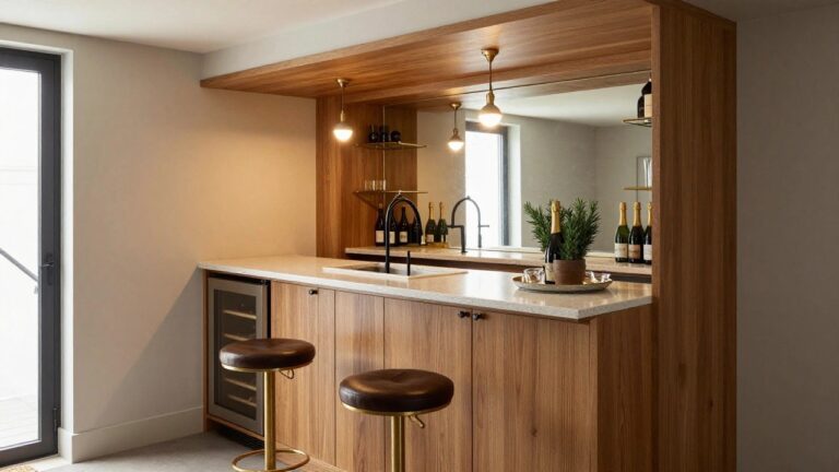 Wooden bar cabinetry with oak finish, white quartz countertop, integrated sink, wine storage, bottles, small fridge, potted plants, two leather swivel stools, and white staircase beside it.