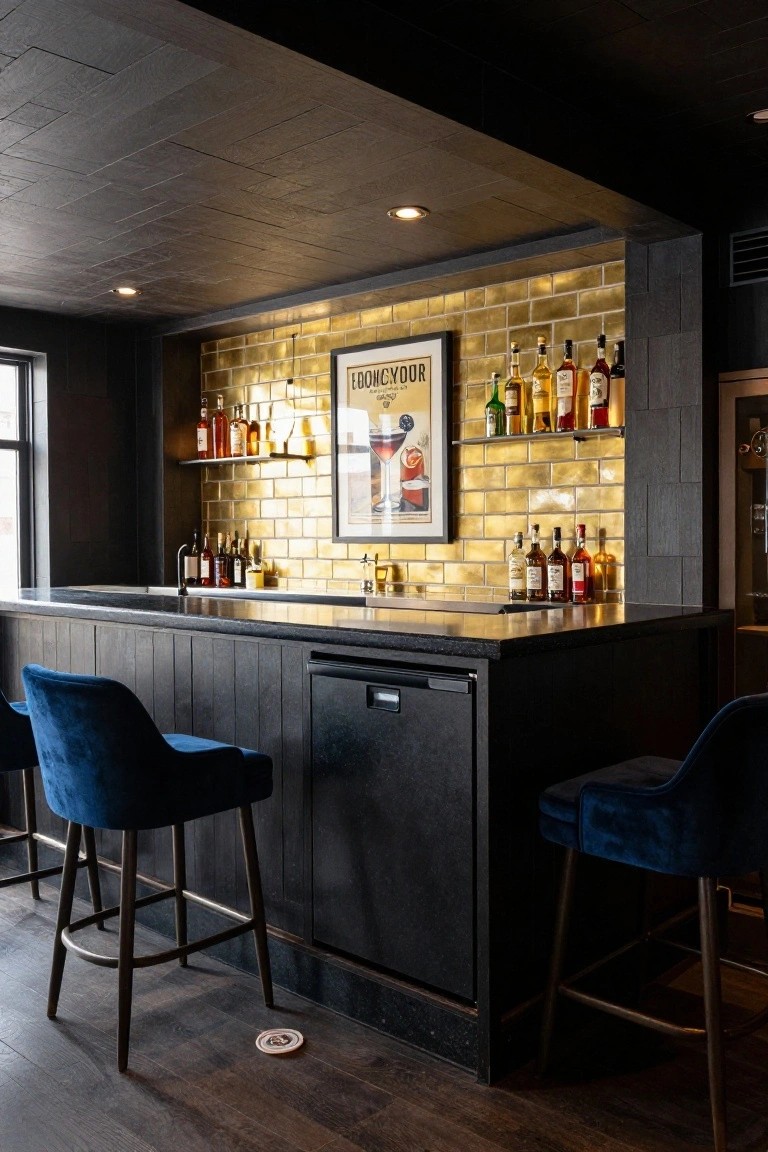 Sleek home bar with black countertop and cabinets, gold metallic brick backsplash, shelves holding liquor bottles, blue velvet bar stools, and a framed vintage poster on the wall.