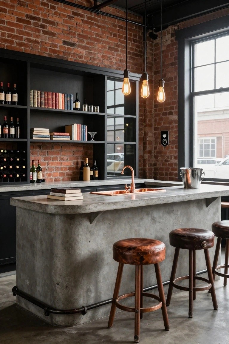 Interior of a bar area with exposed red brick walls, black shelves holding wine bottles and books, a curved gray concrete island countertop with copper sink and ice bucket, and wooden stools with brown leather seats.