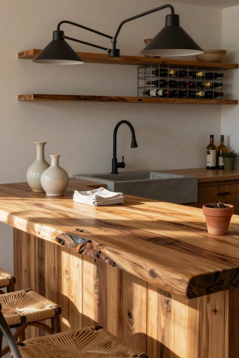 Kitchen bar area with live-edge wooden countertop, integrated concrete sink, two rattan barstools, floating wooden shelves holding wine rack and bottles, ceramic vases, and potted plants.