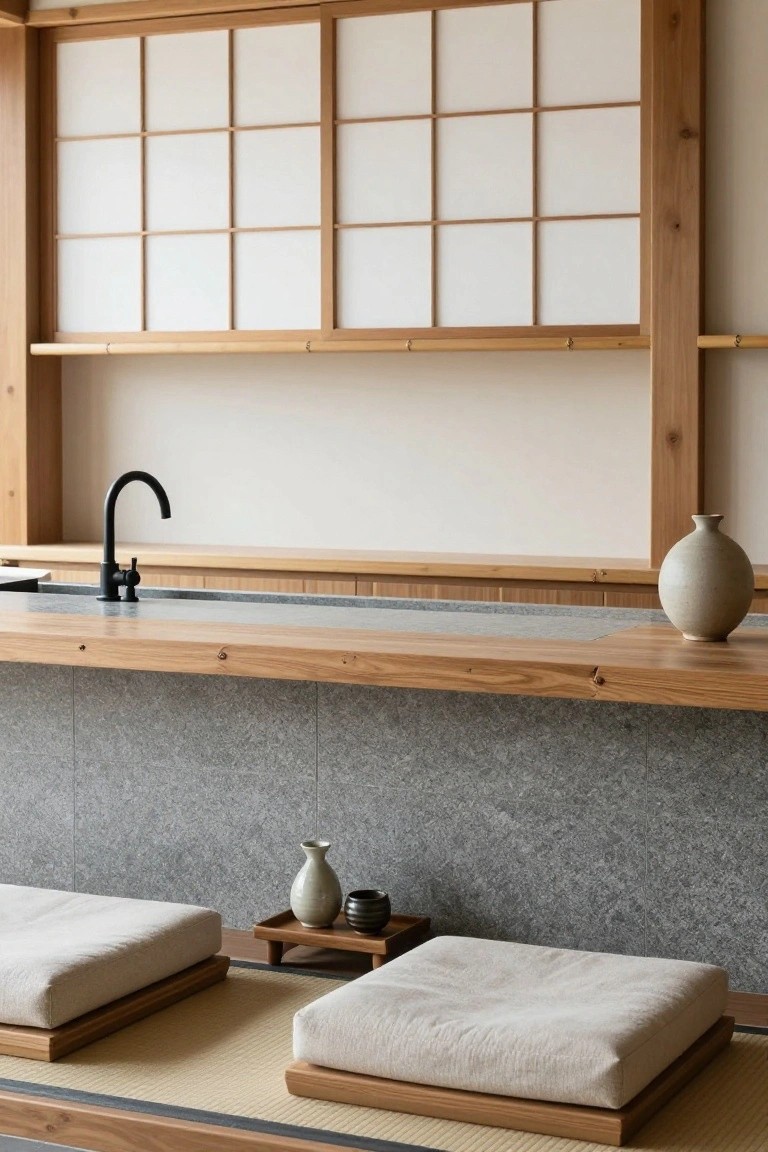 Modern Japanese-style interior with shoji screens, low wooden bar counter featuring black faucet and sink over gray stone backsplash, ceramic vases, small tray with teacup, and zabuton cushions on tatami mats.