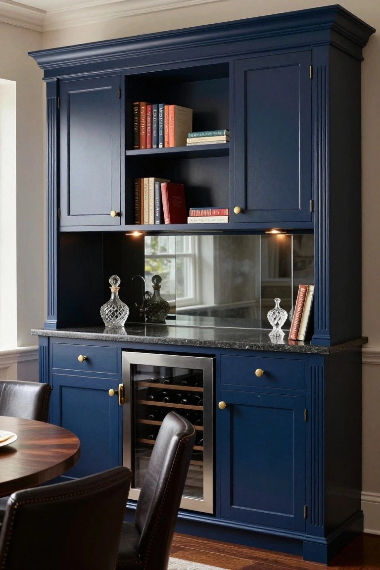 Navy blue built-in cabinet with wine fridge, books, and glass decanters.