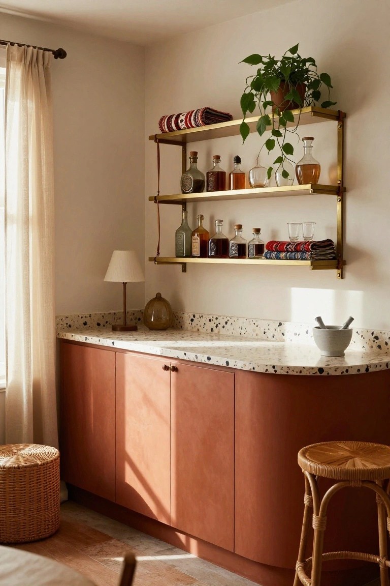 A home bar nook with brass wall-mounted shelves holding various liquor bottles and glassware above a curved terracotta cabinet and speckled white countertop, next to a woven stool and lamp.