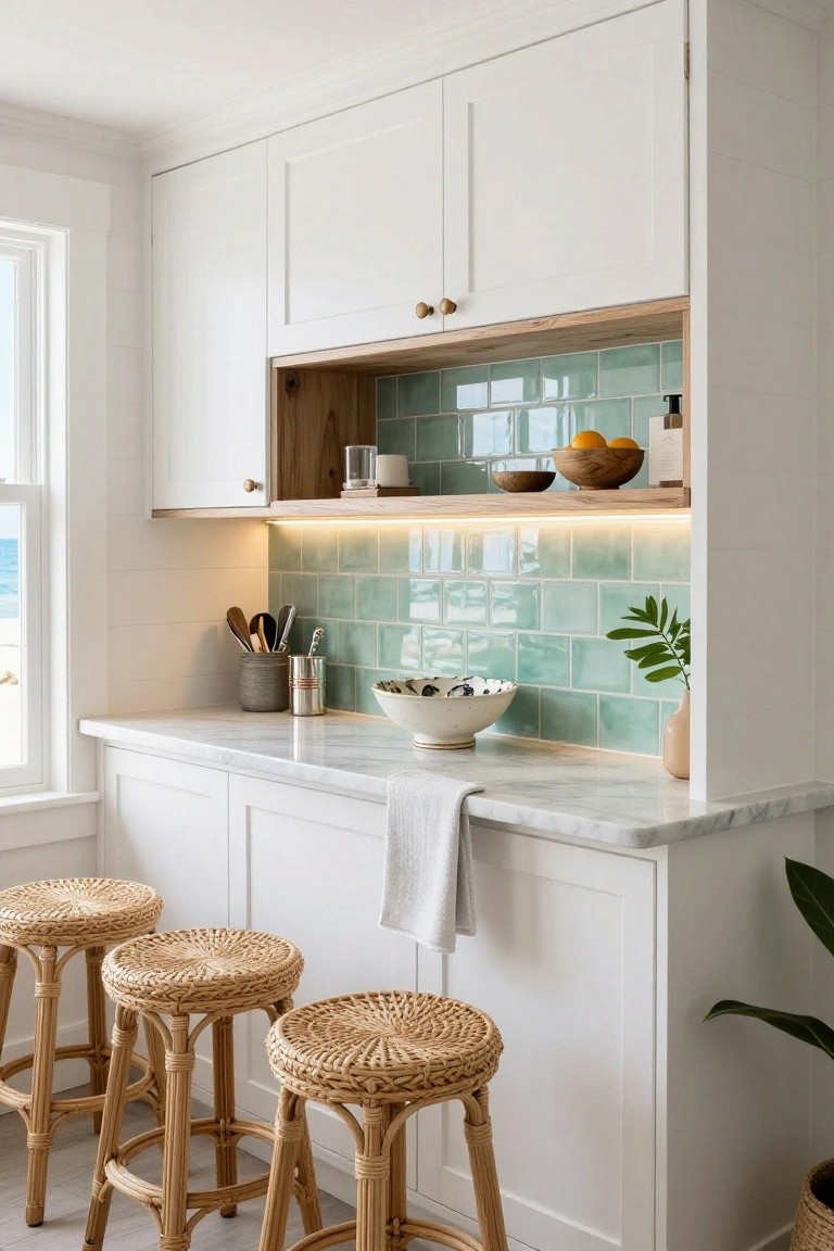 Bright coastal kitchen with white cabinets, sea-glass tile, marble counters, and woven stools.