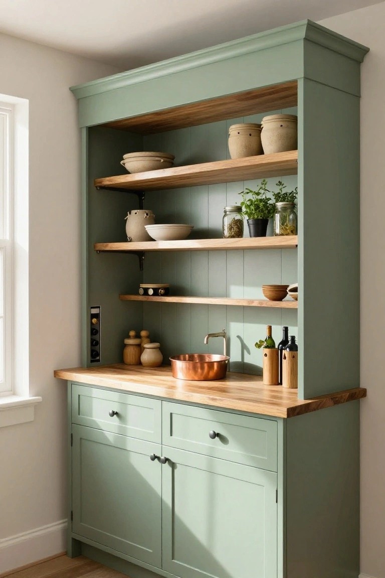Tall sage green painted wooden cabinet with open oak shelves displaying terracotta pots, white bowls, herbs, and wine bottles, butcher block countertop holding copper bowl and wooden containers, built-in wine rack and outlet, in a white room near a window.