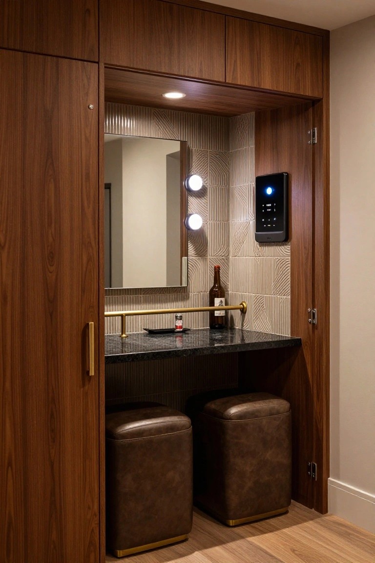 Recessed wooden bar alcove with open double doors, black granite countertop, gold pulls and towel bar, illuminated mirror, beige tiled backsplash, two brown leather stools, sake bottle, and wall-mounted control panel.
