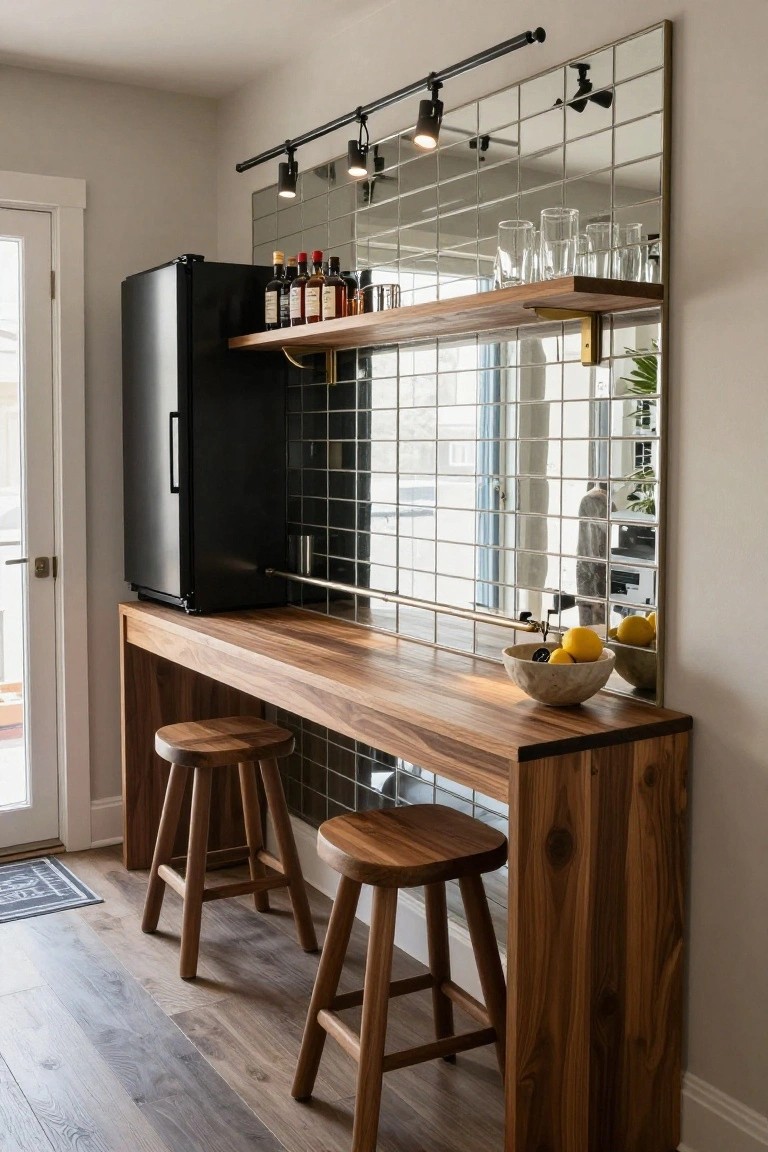 Modern bar area inside a home with wooden counter and stools, black mini-fridge, floating shelf holding liquor bottles and glasses, large wall of mirrored subway tiles, brass track lighting, and glass door adjacent.