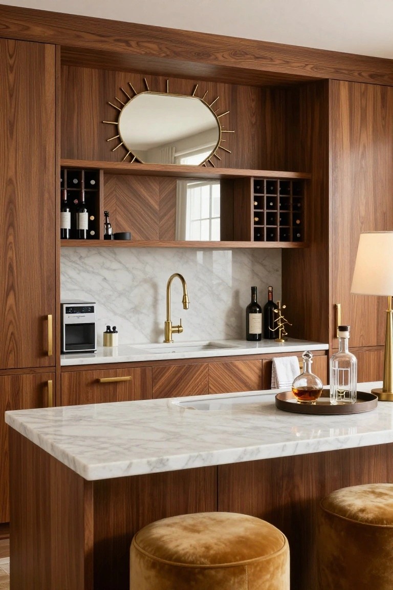 Vertical view of a modern indoor bar area with walnut wood cabinets, chevron-patterned wood panels, marble countertop and backsplash, brass faucet, wine racks with bottles, decanters on the counter, and two mustard velvet stools.