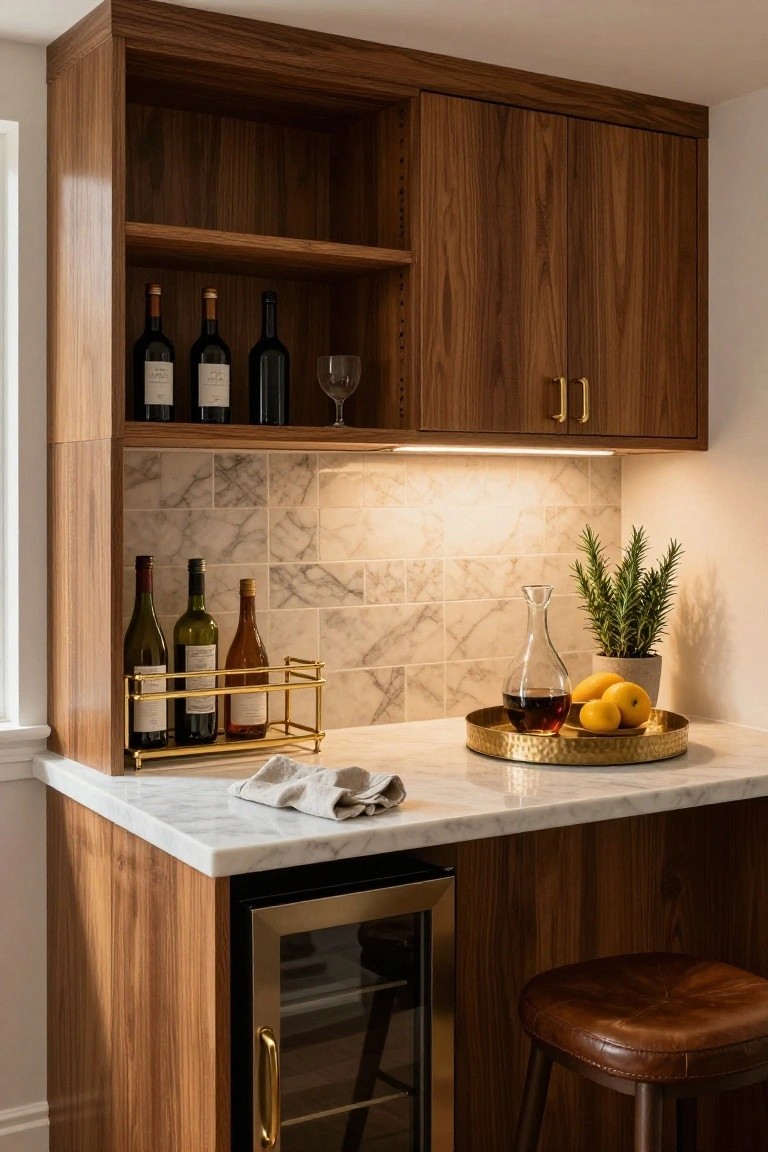 Close-up view of a kitchen bar with walnut wood cabinets featuring open shelving for wine bottles, a marble backsplash and countertop, gold wire rack holding wine bottles and a decanter with oranges, potted rosemary plant, under-cabinet lighting, built-in wine fridge, and brown leather bar stool.