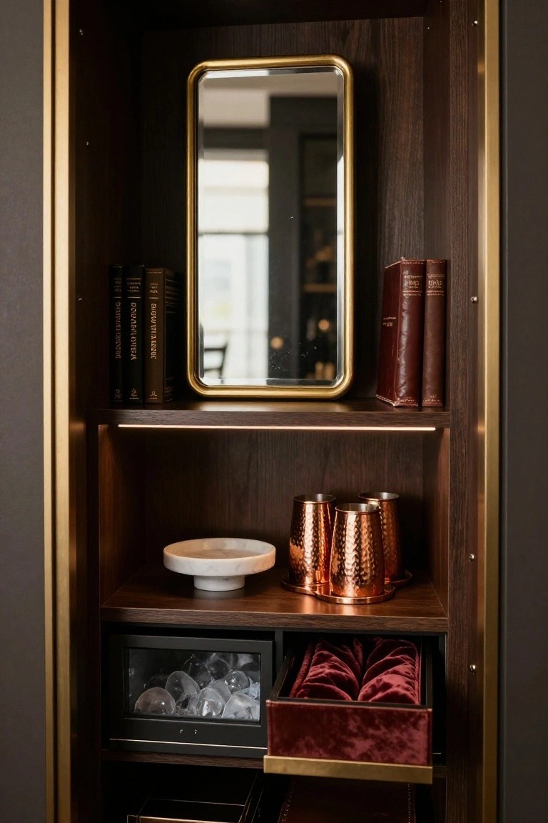 Dark wood bar cabinet with gold trim open to show shelves with books and round mirror, middle shelf with white dish and copper mugs, lower section with black ice drawer and red velvet-lined drawers.