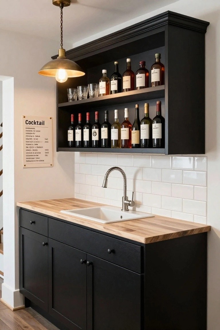 Home bar setup with black wall-mounted cabinets and open wooden shelves stocked with liquor and wine bottles, brass pendant light, white subway tile backsplash, butcher block countertop, and white farmhouse sink.