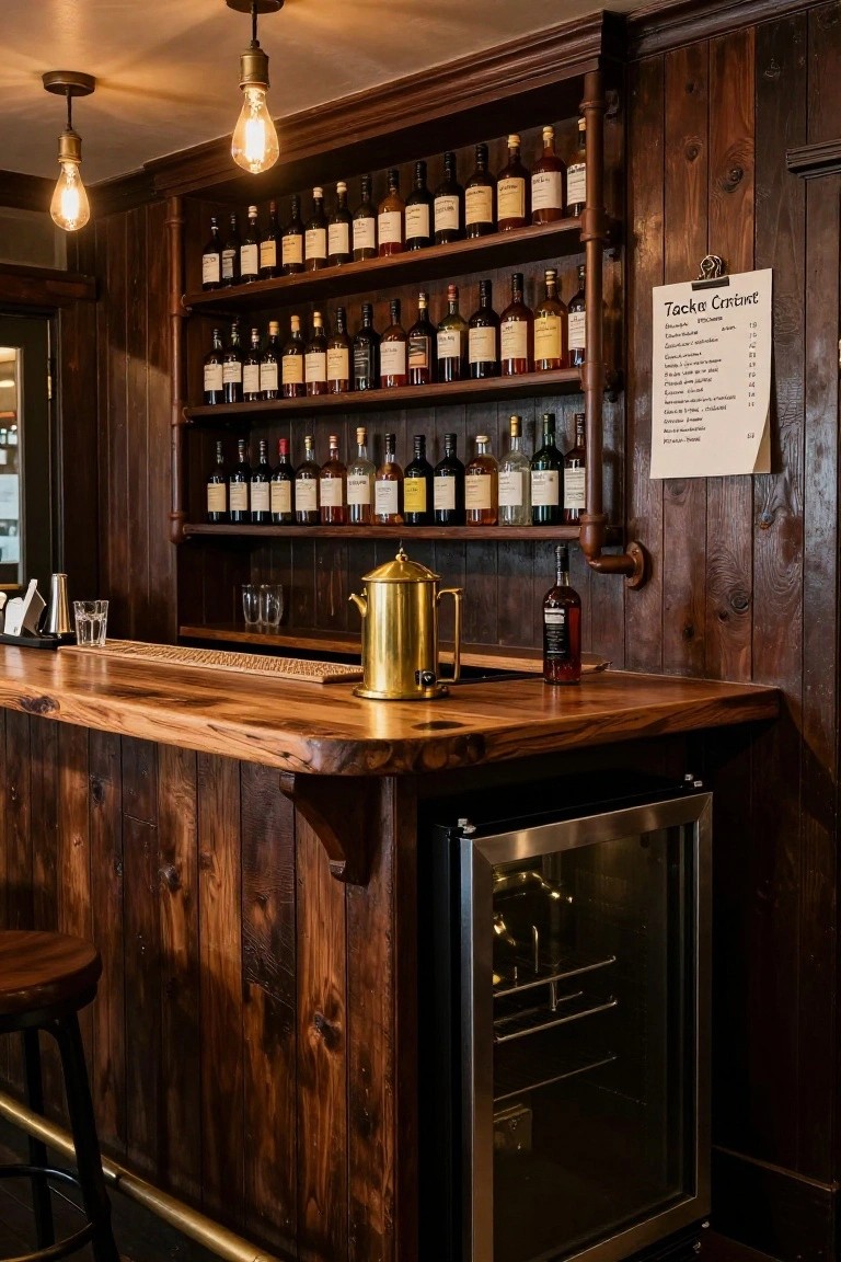 Wooden bar counter with dark wood paneling and extensive wall shelving stocked with numerous liquor bottles, a brass teapot, glassware, and a bar fridge under the counter.