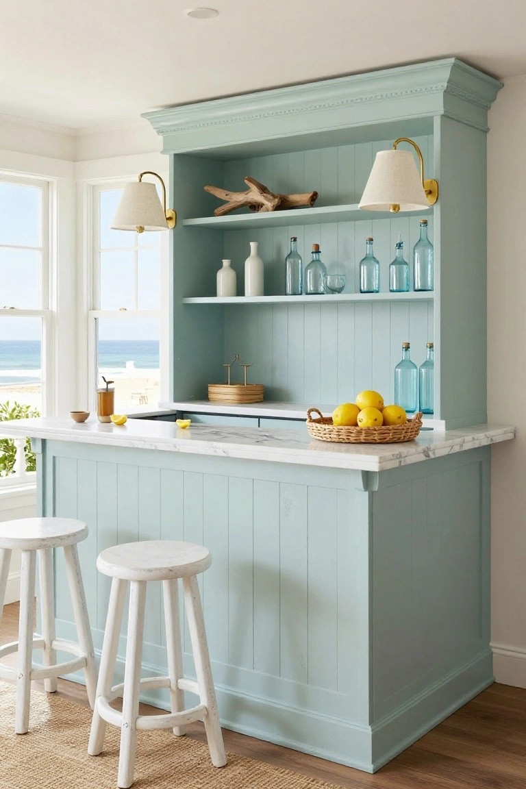 Light aqua built-in bar cabinetry with open paneled shelves displaying blue glass bottles, white ceramics, and driftwood, white marble countertop holding a basket of lemons and bar accessories, two white wood stools, and large windows overlooking the ocean and beach.