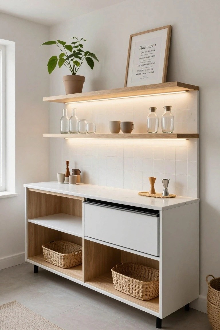 White cabinet unit with oak open shelves displaying glass bottles, jars, mugs, and glasses under LED lighting, on a white quartz countertop with a plant and basket nearby in a light kitchen.