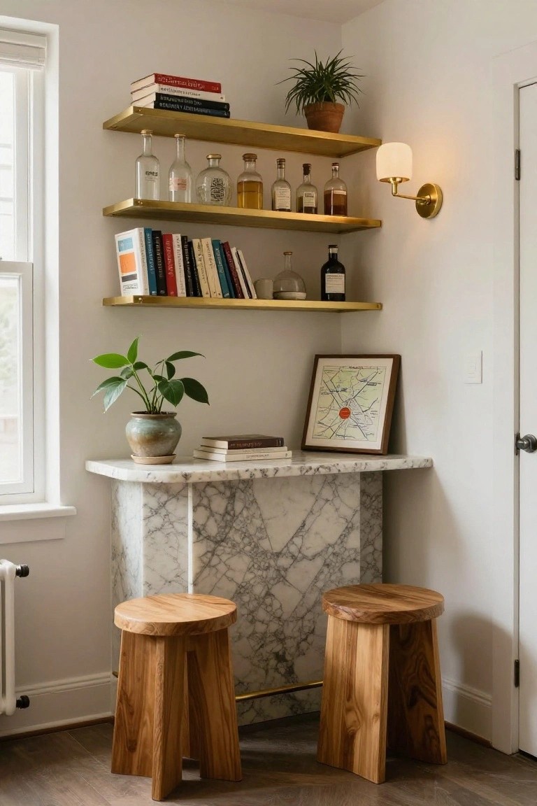 Corner indoor bar with gold floating shelves holding liquor bottles, books, and glassware above a white marble pedestal counter with two wooden stools, plants, and a framed map on a white wall near a window and door.