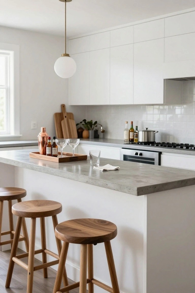 White modern kitchen with gray concrete island countertop, three wooden stools, wooden tray holding copper shaker and glasses, white cabinets, and bar stools.