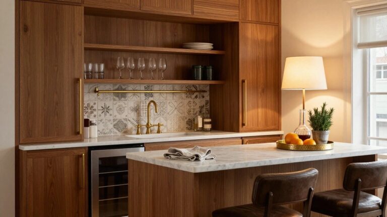 Close-up view of a kitchen bar with walnut wood cabinets featuring open shelving for wine bottles, a marble backsplash and countertop, gold wire rack holding wine bottles and a decanter with oranges, potted rosemary plant, under-cabinet lighting, built-in wine fridge, and brown leather bar stool.