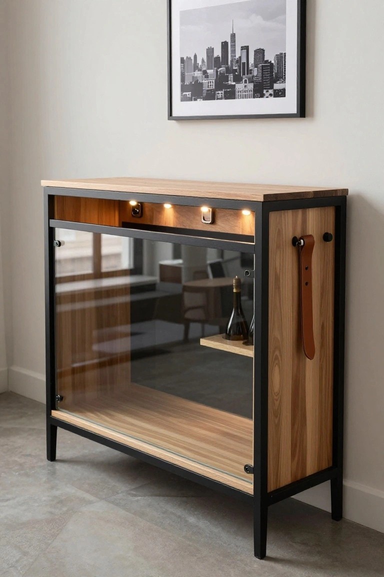 Wooden bar cabinet with black metal frame, glass doors, integrated top lighting, leather strap handle, and a displayed bottle on the shelf against a white wall.