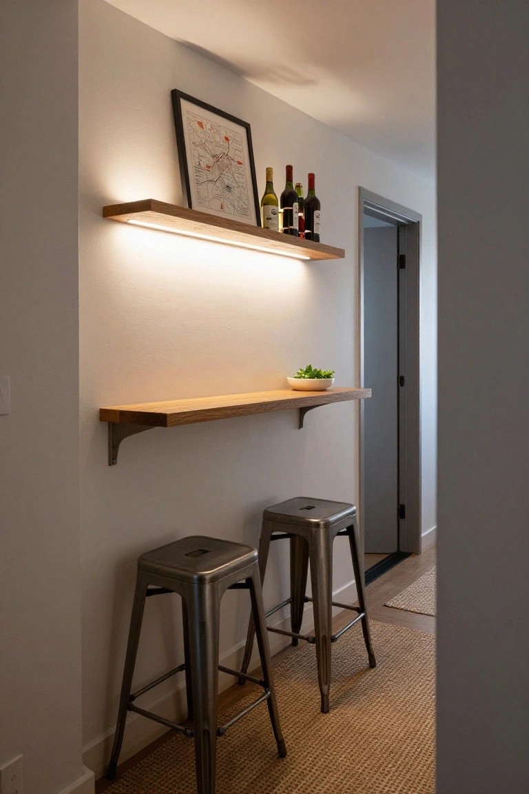 Narrow white hallway with floating oak shelf bar lit by LED strip, displaying wine bottles and bowl of greens, framed map artwork above, two silver metal bar stools below, gray sliding door, and seagrass rug on wood floor.