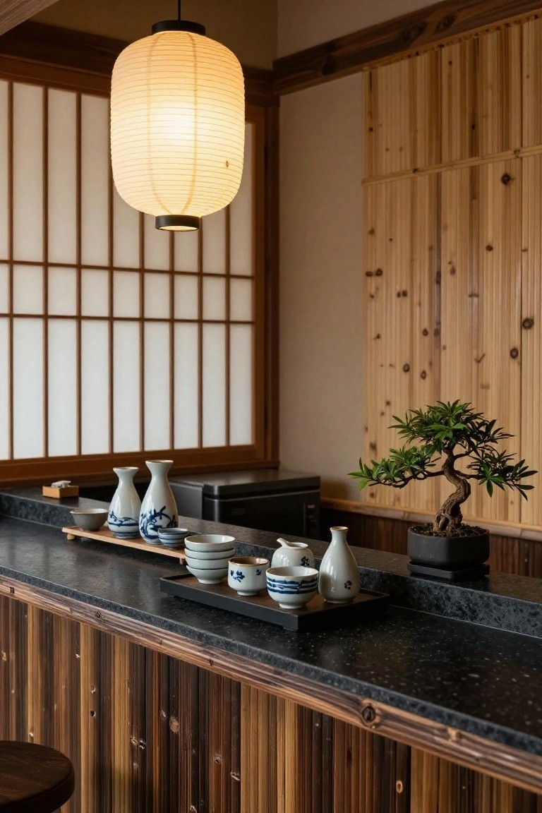 Japanese-style indoor bar counter with dark speckled surface, wooden tray holding white ceramic sake bottles and cups, shoji screens, hanging paper lantern, bonsai tree, and wooden paneling.