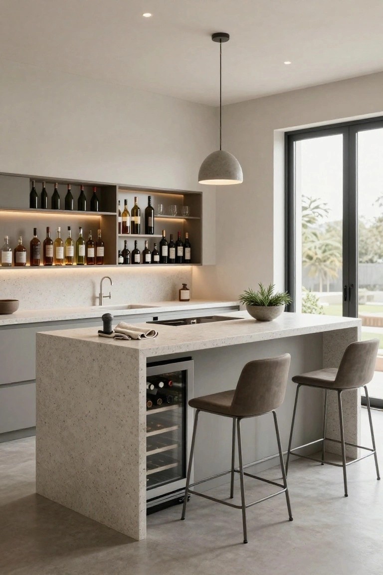 Modern kitchen with light gray stone island bar, built-in wine cooler, two upholstered stools, wall wine racks, sink counter, and glass doors to garden.