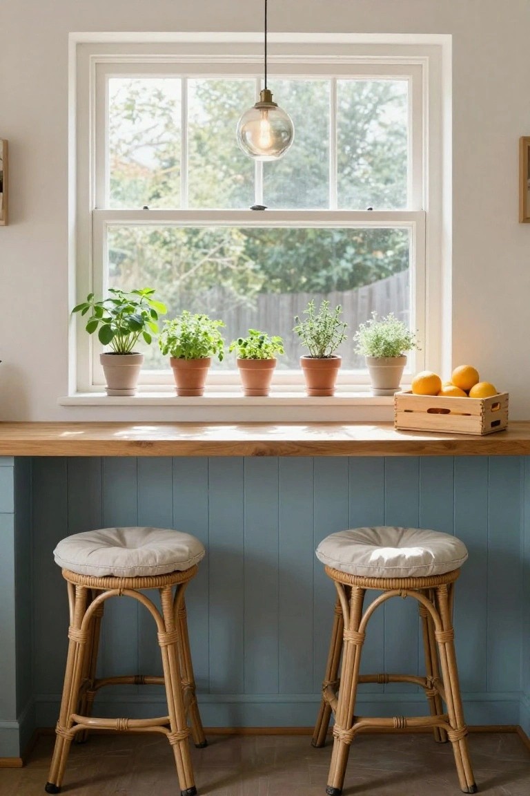Kitchen counter under a large window with potted herbs on the sill, wooden crate of oranges, pendant light hanging above, two rattan bar stools, and blue paneled lower cabinets.