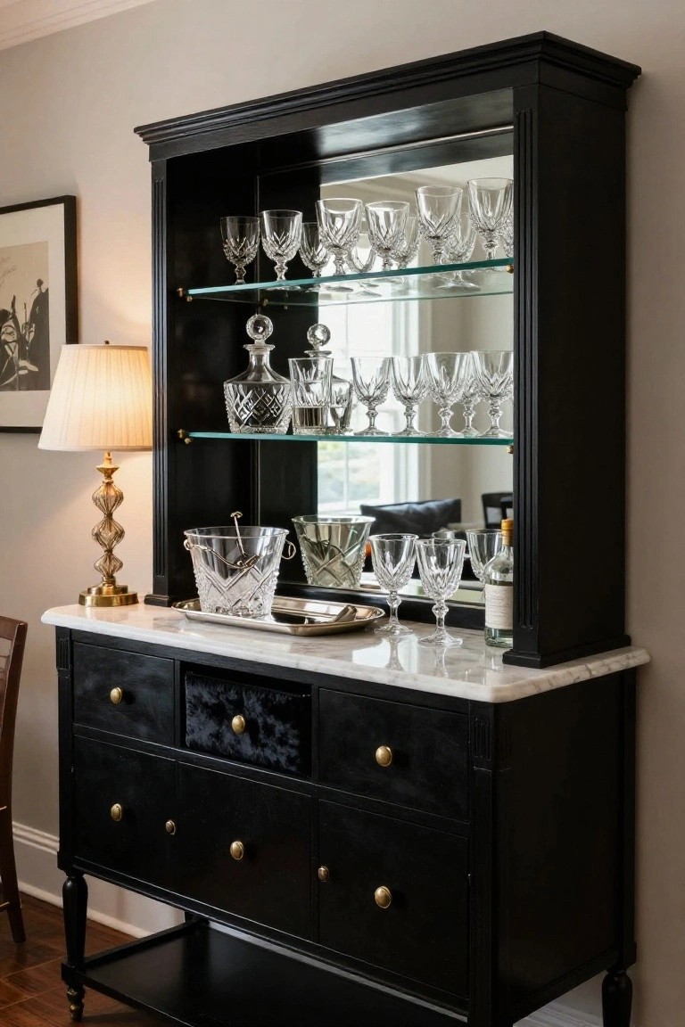 Black wooden credenza with marble top and glass shelves displaying crystal glassware, decanters, and bottles, positioned in a dining room beside a lamp and chair.