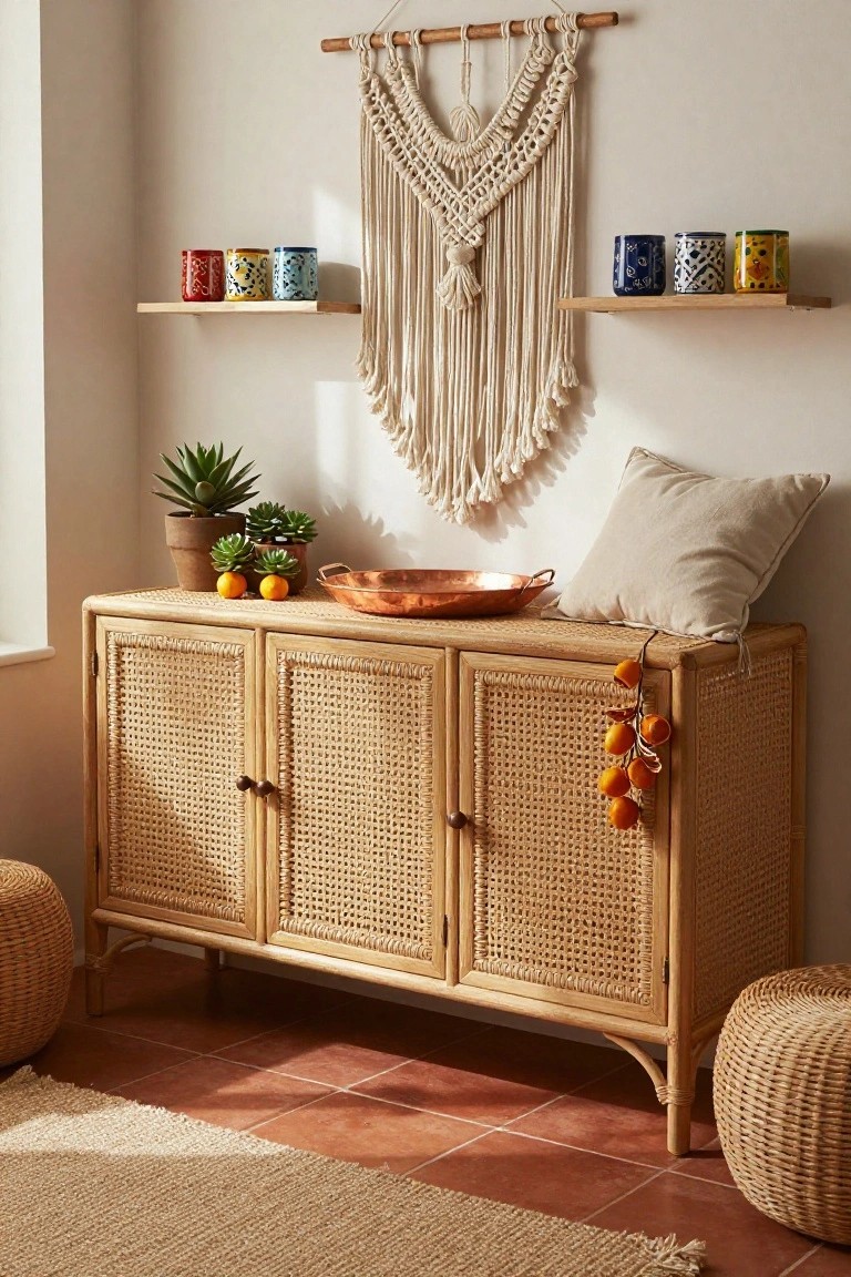 Rattan sideboard cabinet with cane doors in a light room corner, topped with potted succulents, oranges in a copper bowl, and a pillow, shelves above holding colorful ceramic mugs, macrame hanging on wall, wicker stools on terracotta floor.
