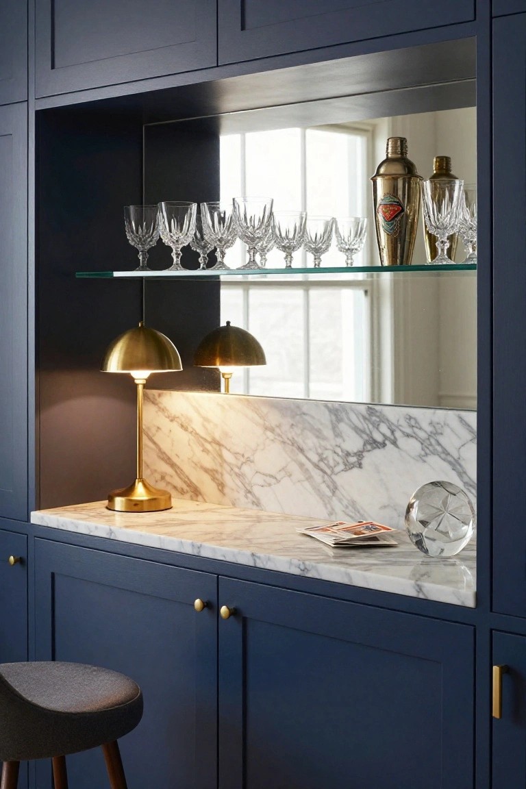 Recessed navy blue cabinetry forming a bar nook with glass shelves displaying crystal stemware and a gold cocktail shaker, mirrored backing, marble countertop with a gold lamp and glass orb, and a gray stool nearby.