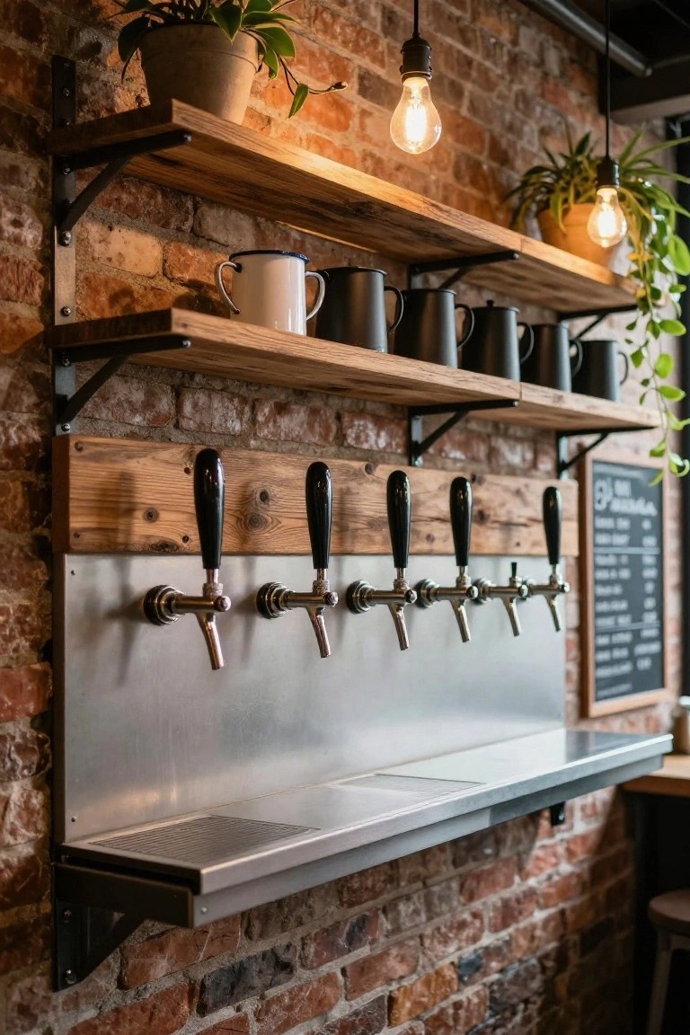 Wall-mounted stainless steel bar counter with six beer taps and black handles against exposed brick, wooden shelves above holding enamel mugs and plants, pendant lights, and a chalkboard sign.