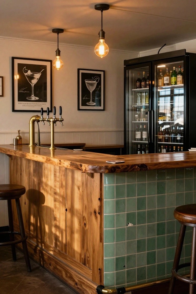Wooden bar counter with brass beer taps, green tiled backsplash, two stools, pendant lights, and a refrigerator stocked with bottles in an indoor space.