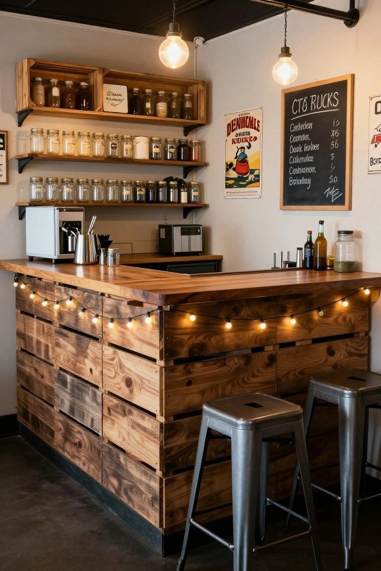 Wooden bar counter built from stacked pallets with string lights along the edge, shelves holding jars and bottles, coffee maker, metal stools, and vintage posters on the wall in an indoor space.