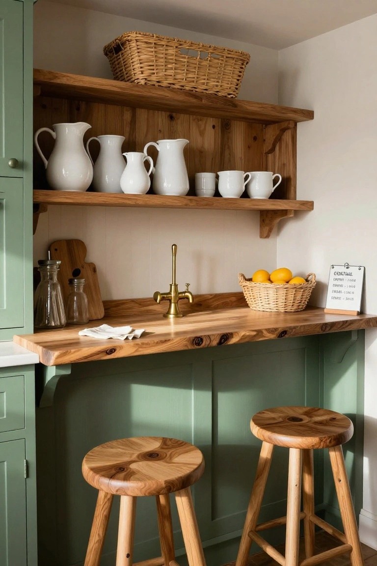 Sage green kitchen cabinets with wooden open shelves holding white pitchers and cups, a live-edge wooden countertop peninsula with brass faucet and basket of lemons, wooden cutting board, oil bottles, and two round wooden barstools.