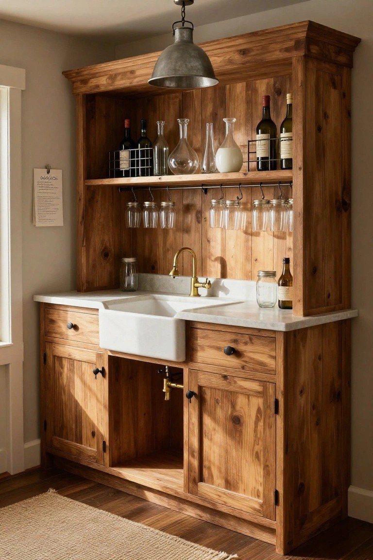 Wooden hutch cabinet with open shelves displaying wine bottles, glass decanters, jars, and hanging wine glasses above a white farmhouse sink with brass faucet on a white countertop.