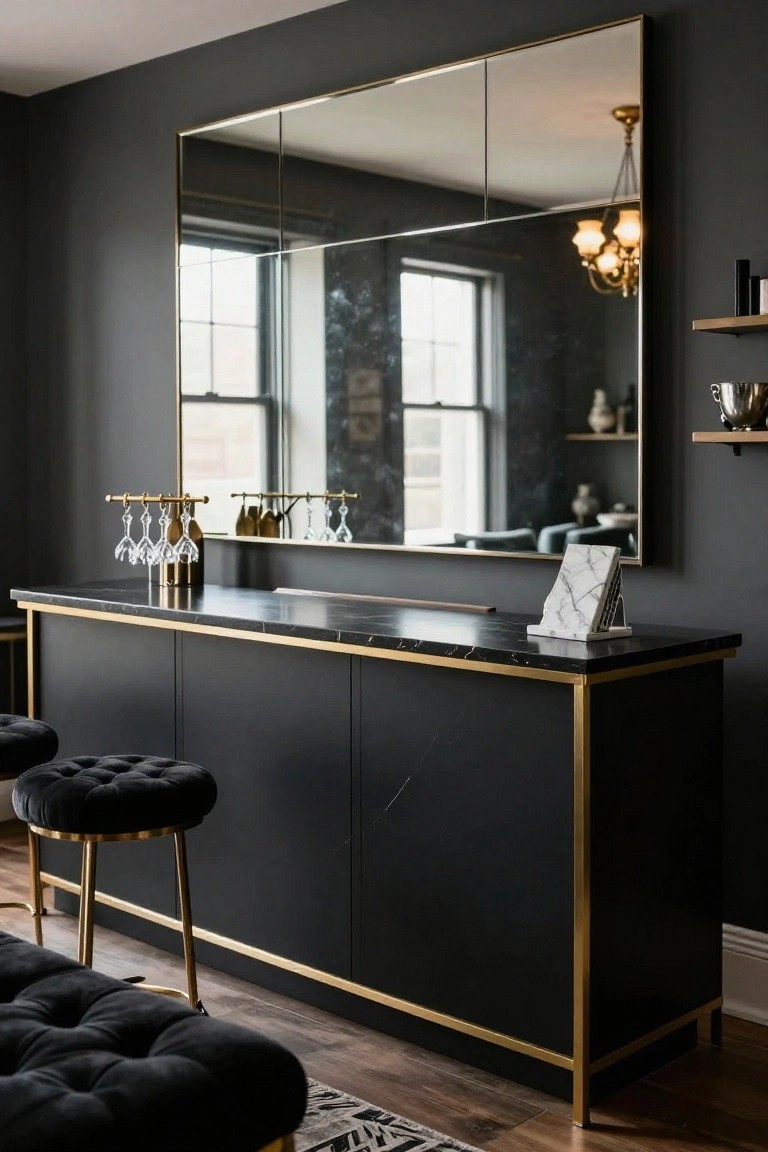 Black cabinet bar console with gold brass trim, black marble countertop, brass stemware rack holding wine glasses, tufted black stools, and large gold-framed mirror on dark wall.
