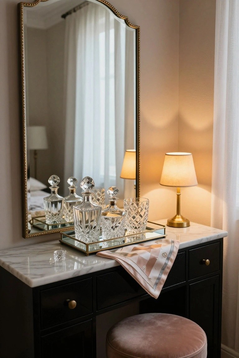 Gold-framed oval mirror above a black marble-topped vanity holding crystal decanters and glasses on a mirrored tray, with a small lamp and pink velvet stool nearby in a light beige room.