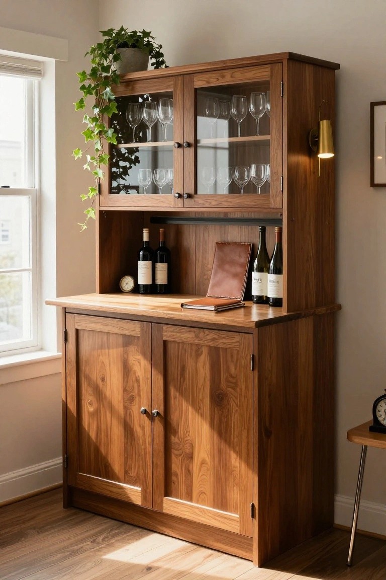 Wooden hutch cabinet with glass-front upper doors displaying wine glasses, open shelf holding wine bottles and leather notebook, lower wooden cabinets with doors, ivy plant on top, brass wall lamp nearby, in a light room with window.