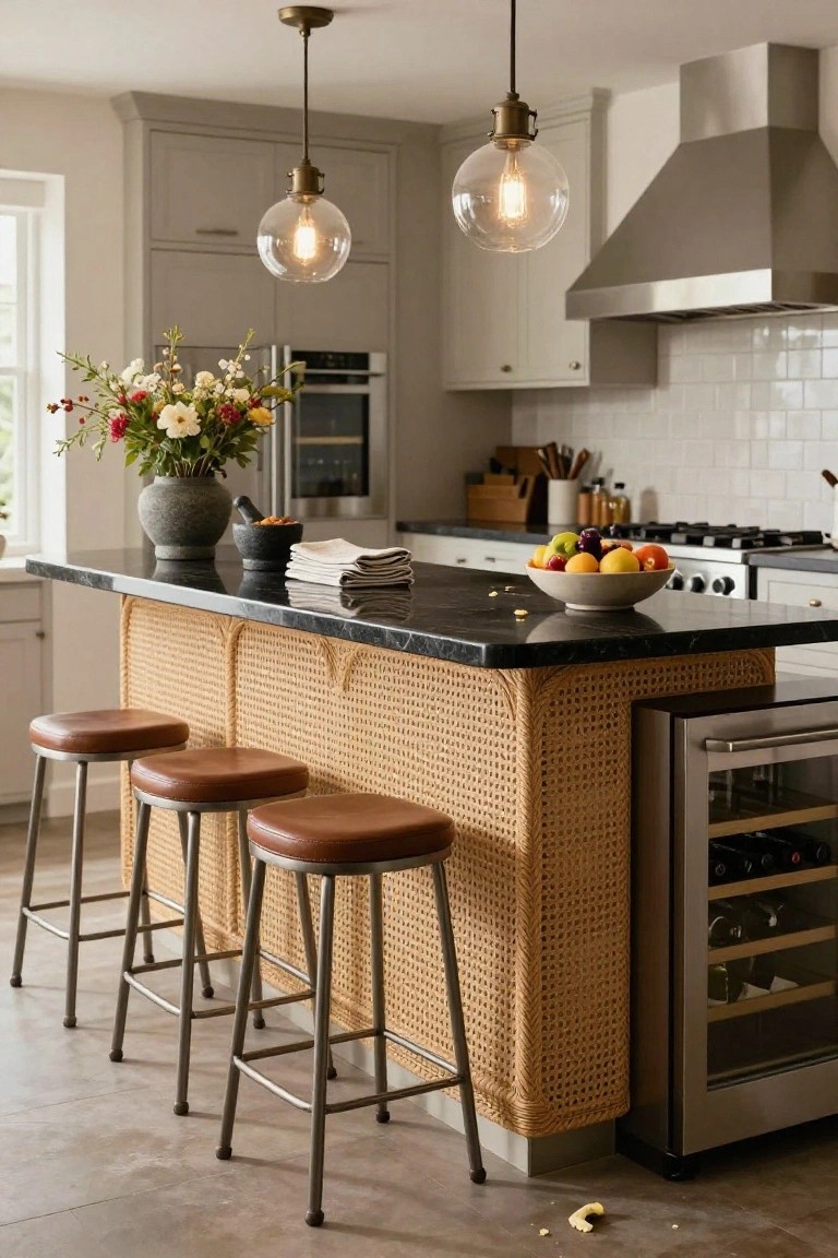 Kitchen with black marble-topped island bar featuring woven rattan base panels, three brown leather barstools, a fruit bowl on the counter, folded linens, and stainless steel wine fridge adjacent to white cabinetry and appliances.