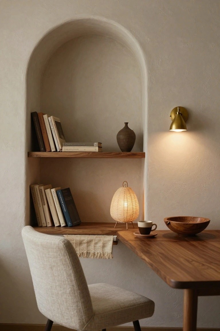 Beige arched wall niche with wooden shelves holding books and a brown vase, lit by a gold wall sconce, above a wooden desk with a cream upholstered chair, wicker lamp, teacup, and wooden bowl.