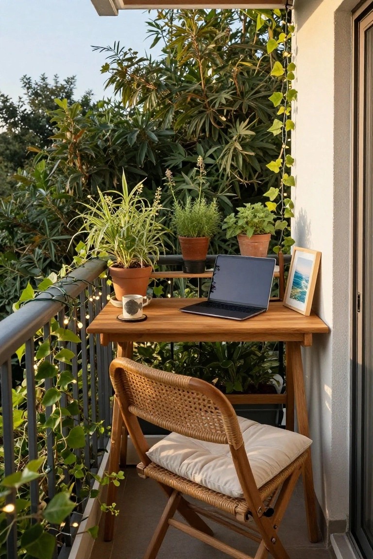 Wooden desk with open laptop and coffee mug on a balcony railing surrounded by potted plants, ivy vines, and a rattan chair with cushion.