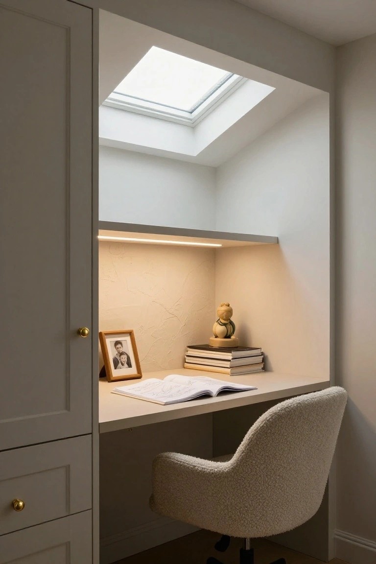 A cream boucle desk chair at a light wood desk built into a tall white cabinet alcove with drawers below, shelves holding stacked books and a small figurine above, a framed photo nearby, warm shelf lighting, and a skylight overhead in a neutral room.