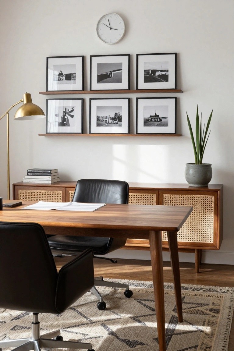 Home office featuring a wooden desk with black leather chairs, a cane-front wooden credenza, floating shelves displaying black and white framed photos, a potted plant, and an arc floor lamp against a white wall.