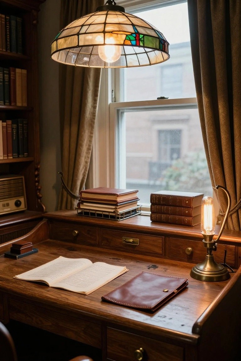 Cozy home office interior with wooden bookshelves, antique-style desk topped with an open book, leather folder, brass lamp, stacks of leather-bound books, vintage radio, stained glass pendant light hanging above, and a window with taupe curtains.
