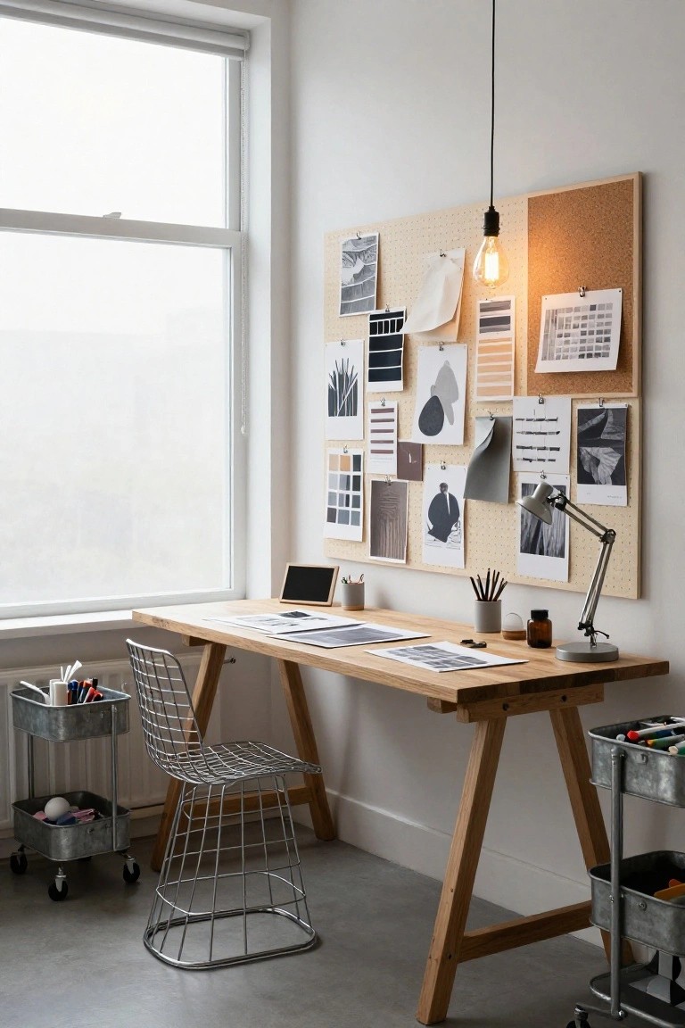 Home office featuring a large corkboard wall pinned with papers, sketches, swatches, and calendars next to a wooden trestle desk, wire chair, desk lamp, and metal storage carts on wheels.