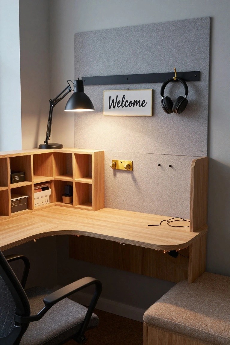 A light wooden L-shaped corner desk with open cubby shelves on both sides, adjustable black desk lamp, gray office chair, wall-mounted headphones, and gray fabric wall panel in a modern workspace.